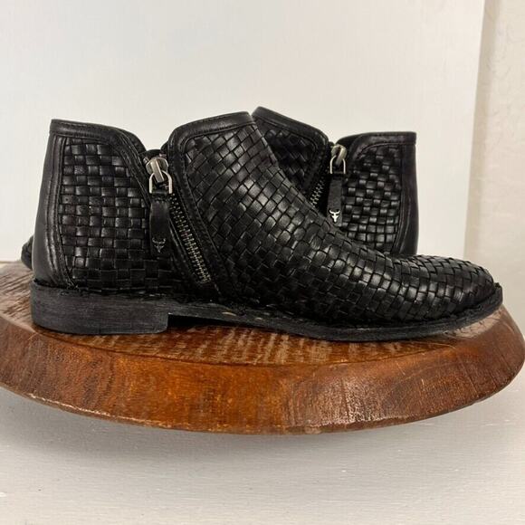 Trask Boots Womens Size 8 M Black Woven Leather Booties Double Zip Low Heel - Picture 6 of 12